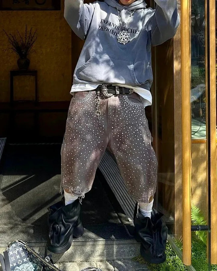 streetwear Twinkle diamond studded denim shorts Harajuku Gothic retro wash brown shorts high waisted pants mens and womens clothing 250213