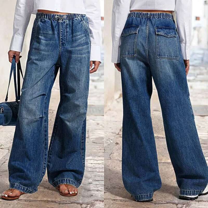 2025 Spring New European And American Mid Waist Wide Drawn Loose Jeans Women's Street Retro Straight Leg Pants