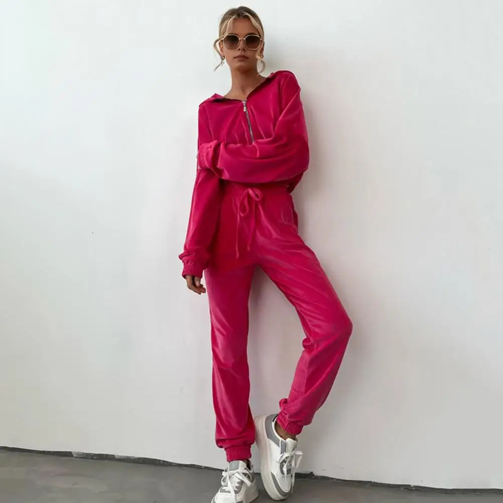 Womens Fall and Winter fashion set zipper hoodie Drawstring Tracksuit Trouser Solid color Two-piece set 250210