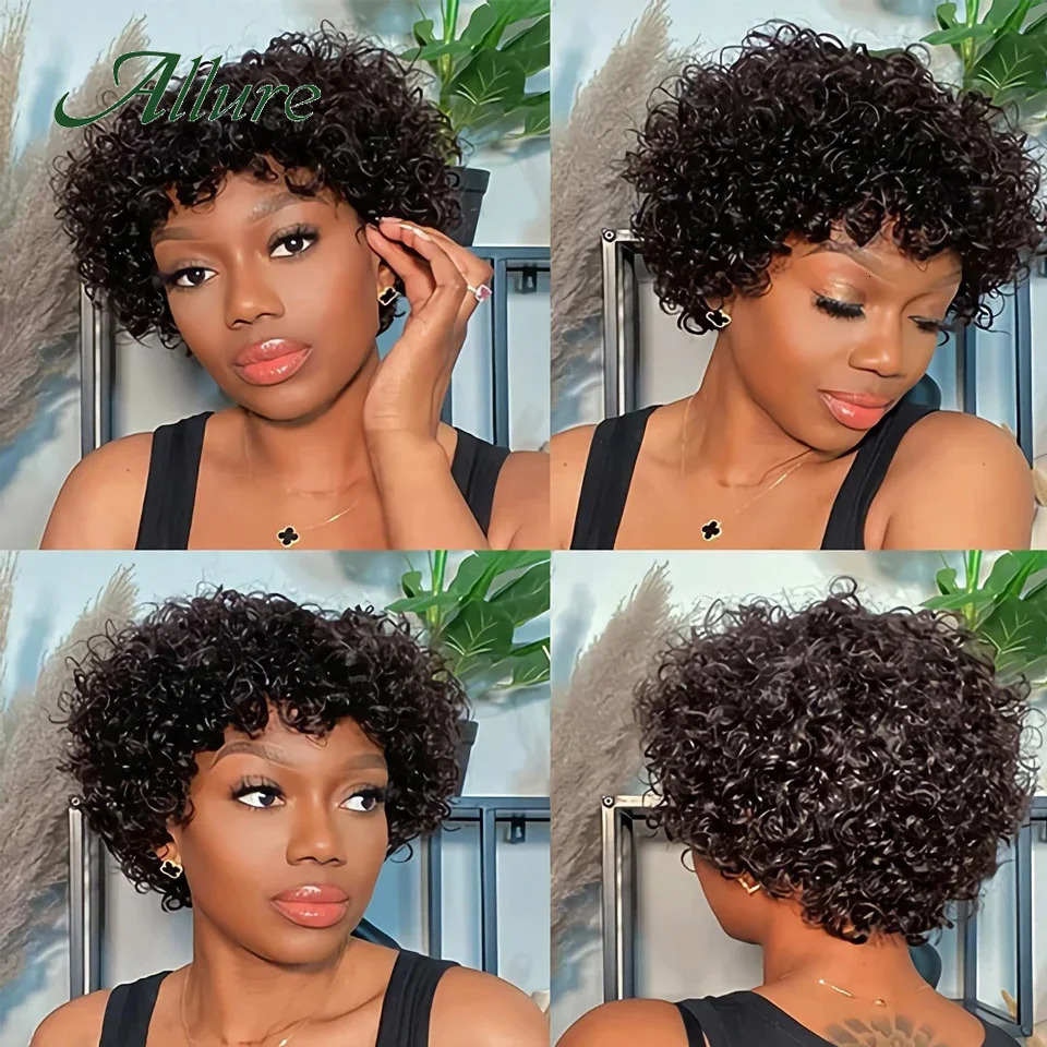 Short Pixie Afro Kinky Curly Wigs for Black Women Glueless Natural Brown Bob Wig With Bangs Brazilian Human Hair Wigs Allure 250210