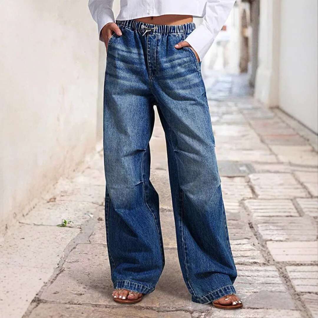 2025 Spring New European And American Mid Waist Wide Drawn Loose Jeans Women's Street Retro Straight Leg Pants