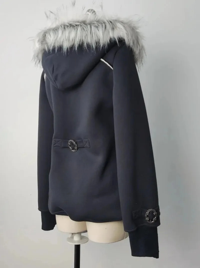 Y2K Gothic Diamond Printed Fur Collar Zip Hoodie Women Retro Millennium Girl Slim Warm Harajuku Korean Street Casual 250213