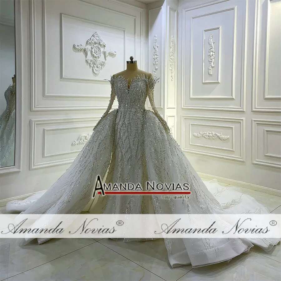 Full Lace Wedding Dress Shoulder Long Sleeves V Neckline Mermaid 2 in 1