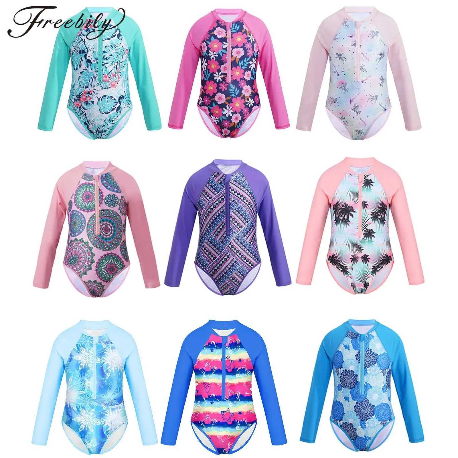 Kids Girls One-piece Swimsuit Long Sleeves Palm Printed Swimwear Bathing Suit Sun Protection Rash Guard Surfing Diving Swim Top Z250214