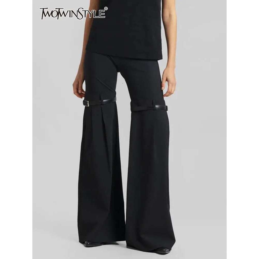 Patchwork Belt Wide Leg Pants For Women High Waist Slimming Solid Long Full Length Trousers Female Fashion Clothing