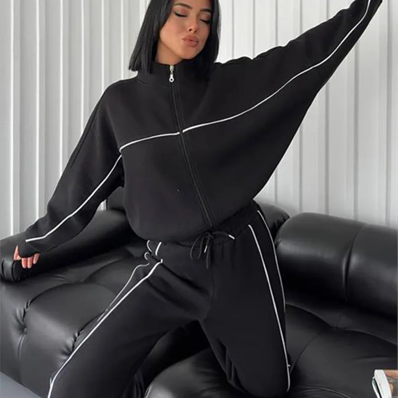 Womens sports suit set 2-piece set long sleeved zipper jacket oversized sports shirt jogging pants track suit 250213