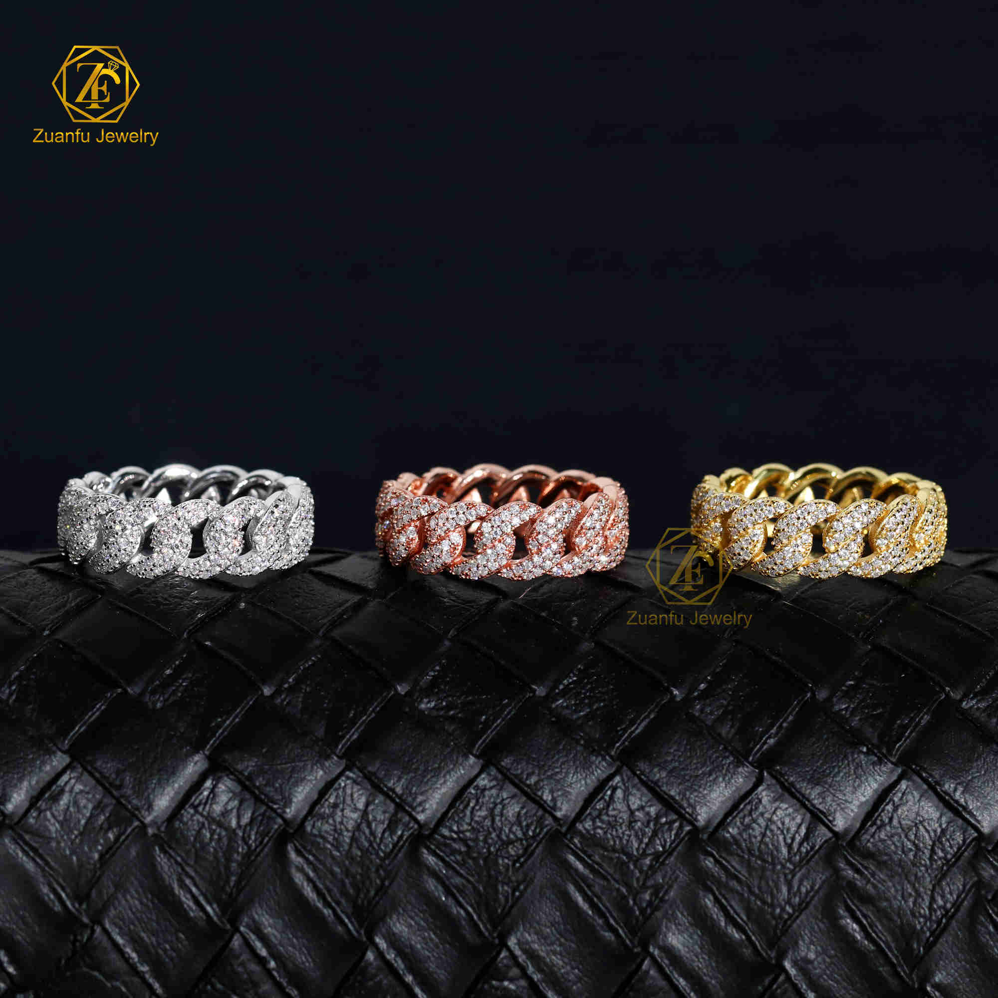 Hiphop Jewelry 2 Rows 7mm Width Cuban Link Ring 925 Silver Moissanite Diamond Ice Out Rapper Men Ring