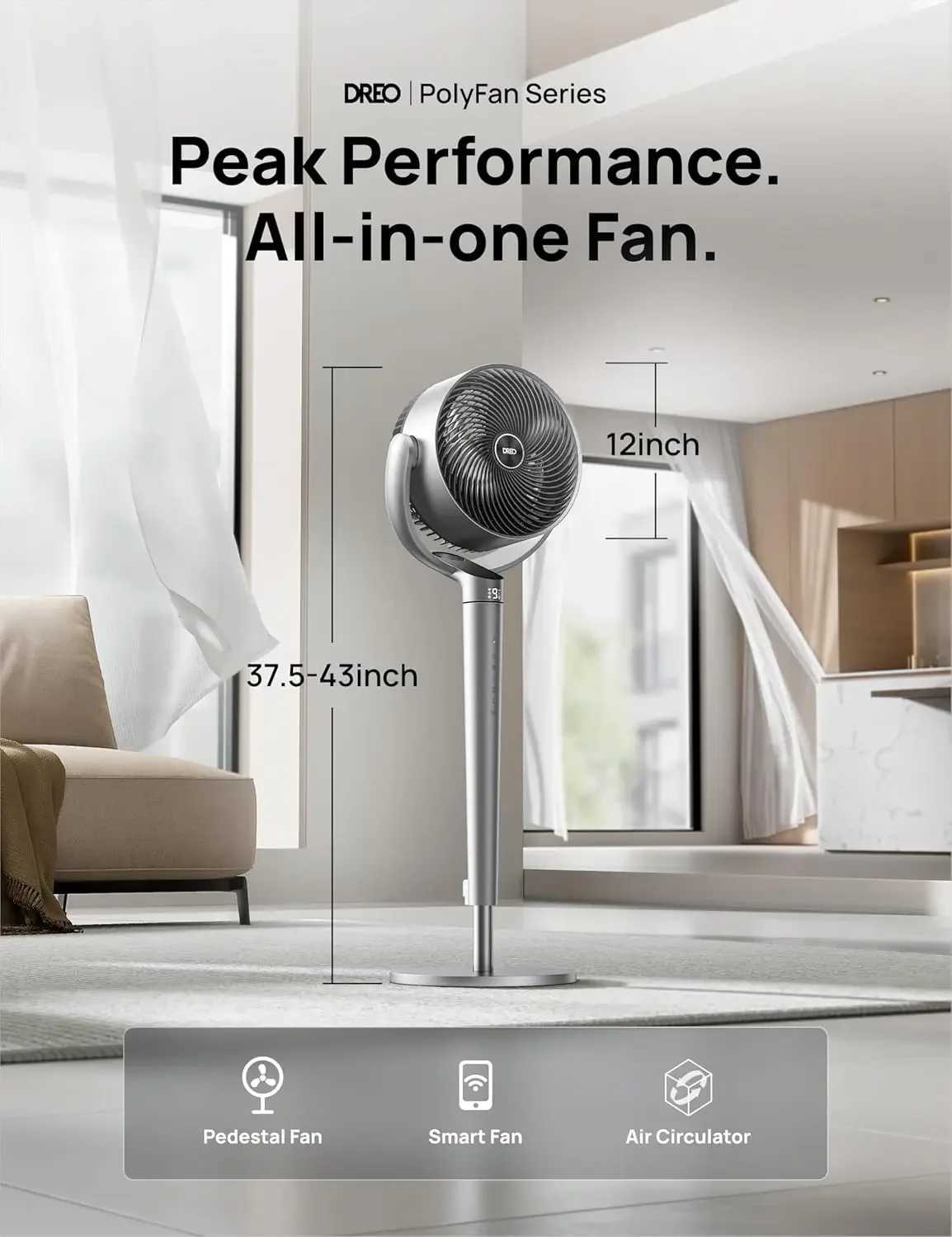 Pedestal Fan with Smart Control 43 Inches 150+120 Omni-Directional Oscillating Quiet Fans for Bedroom 110ft Circulat Z250214