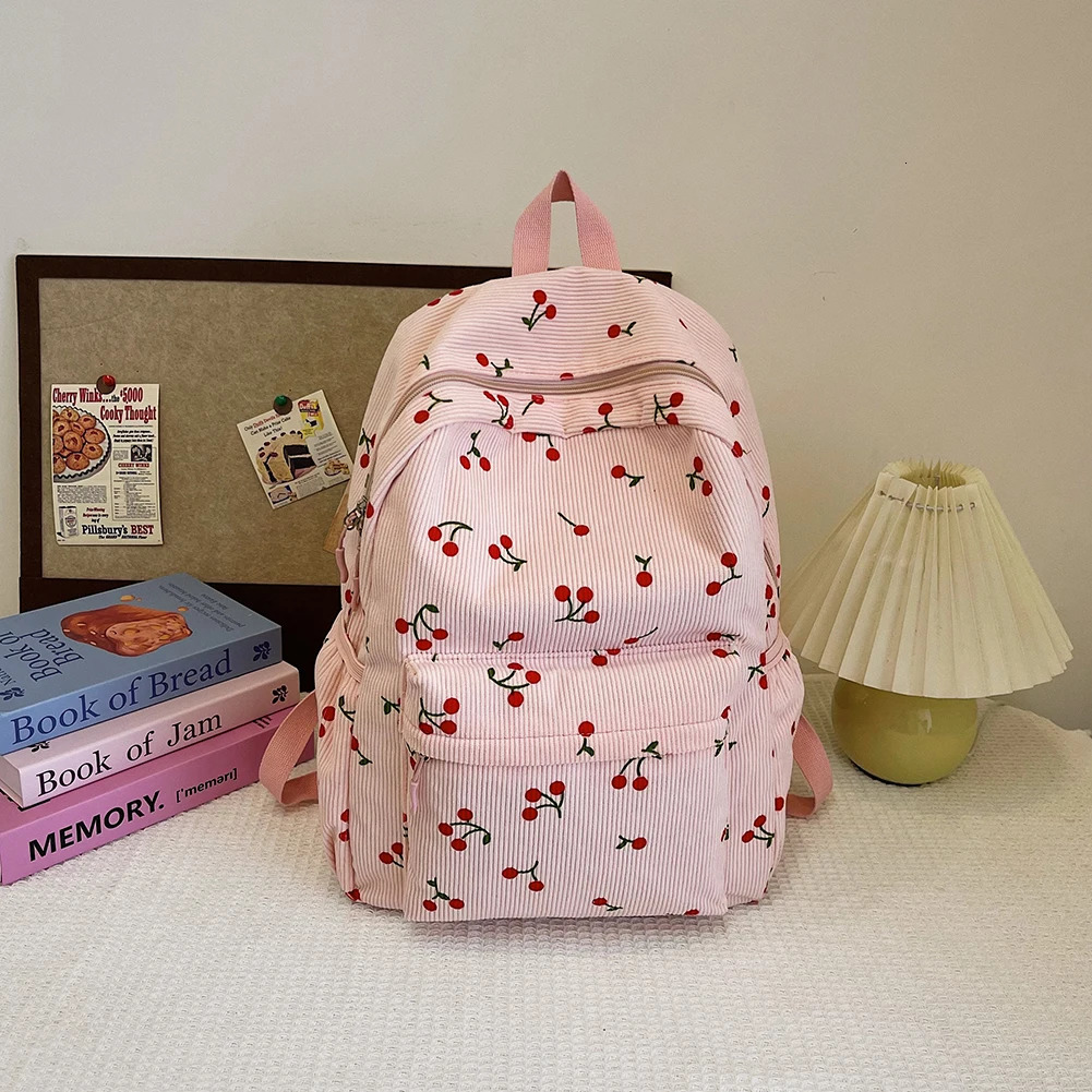 Corduroy Backpack Cherry Pattern Women Travel Daypack Adjustable Strap Laptop Backpack Zipper for Work Shopping School 250214