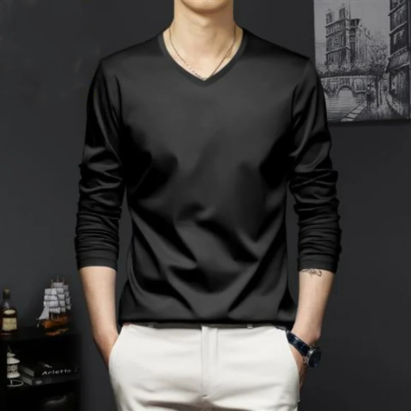 Autumn Promotion Ice Silk Tshirt Mens Korean Casual Versatile Solid Long Sleeve VNeck Fashion Slim Thin Top 250108