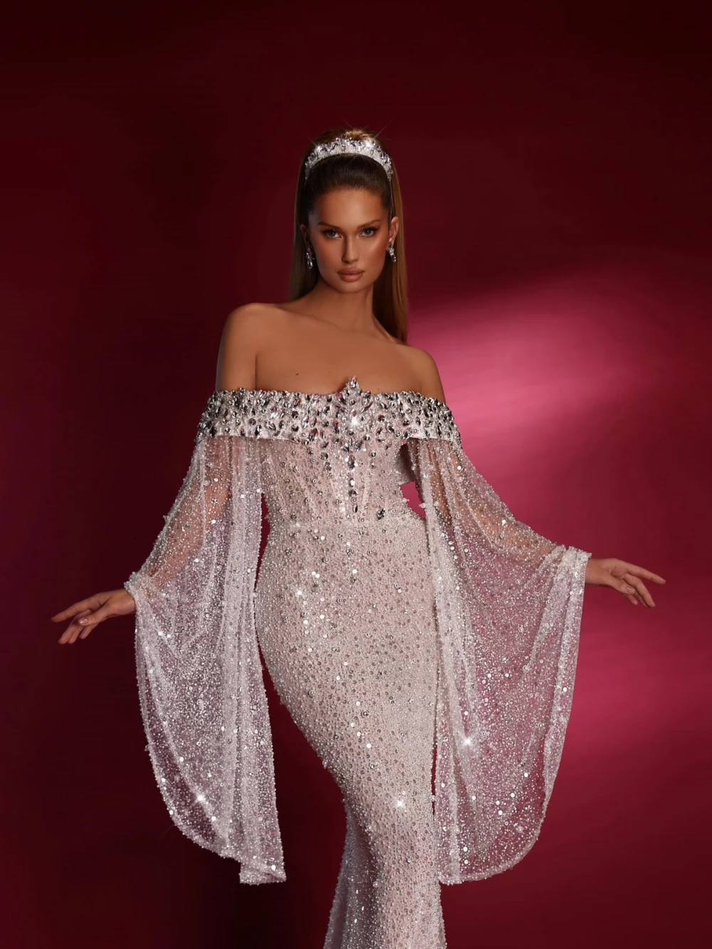 Designer Mermaid Wedding Dress Off Shoulder Long Sleeves Bridal Gowns Sequins Crystal Sweep Train Dresses Custom Made vestidos de novia