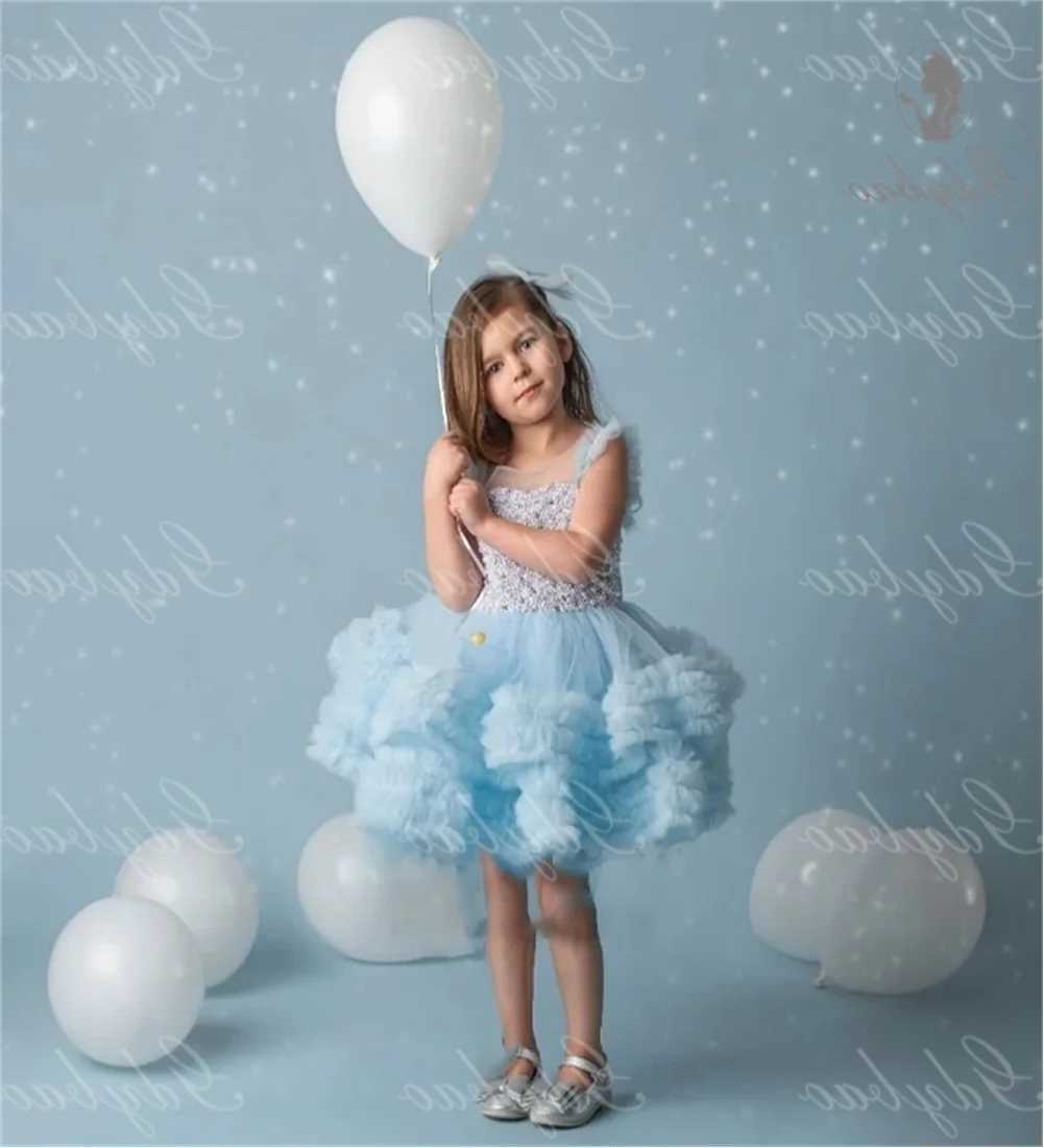 Pearl Wedding Prom Light Blue Flower Girl Dress Short Layered Made To Order Birthday Pageant Communion Robe Baby Par Z250214