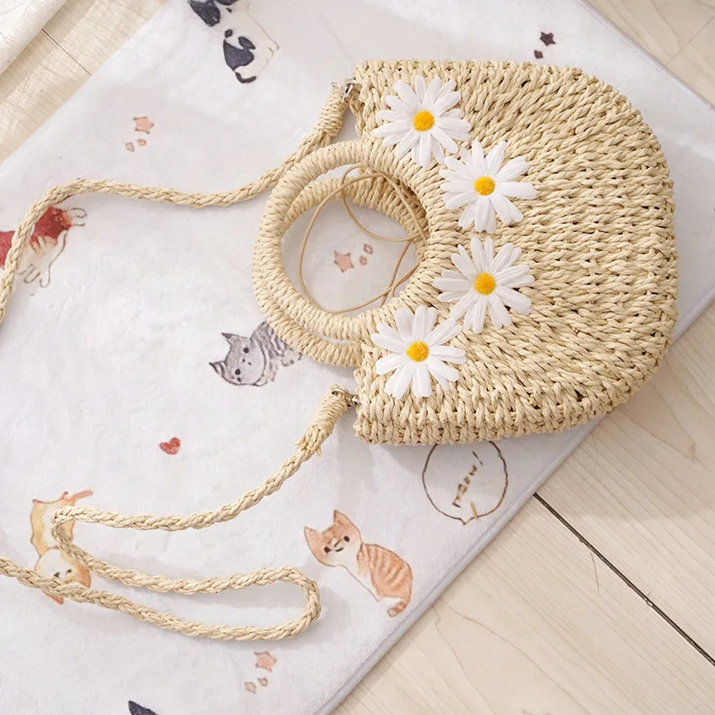 Fashion Hand-Woven Straw Beach Bags Women Handmade Moon Basket Shoulder Bag Bolsa Summer Bohemian Travel Crossbody Bags Handbags 250207
