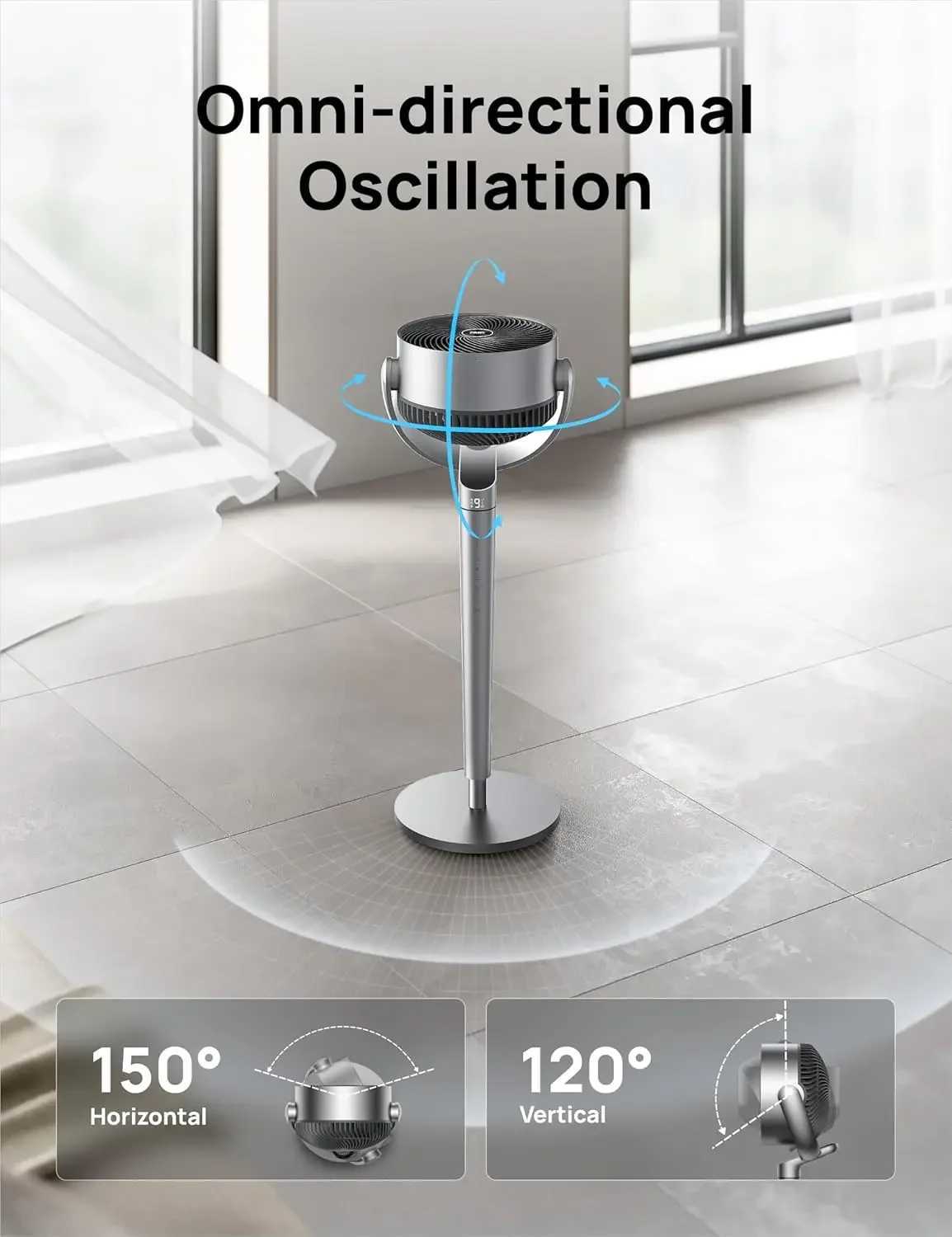 Pedestal Fan with Smart Control 43 Inches 150+120 Omni-Directional Oscillating Quiet Fans for Bedroom 110ft Circulat Z250214