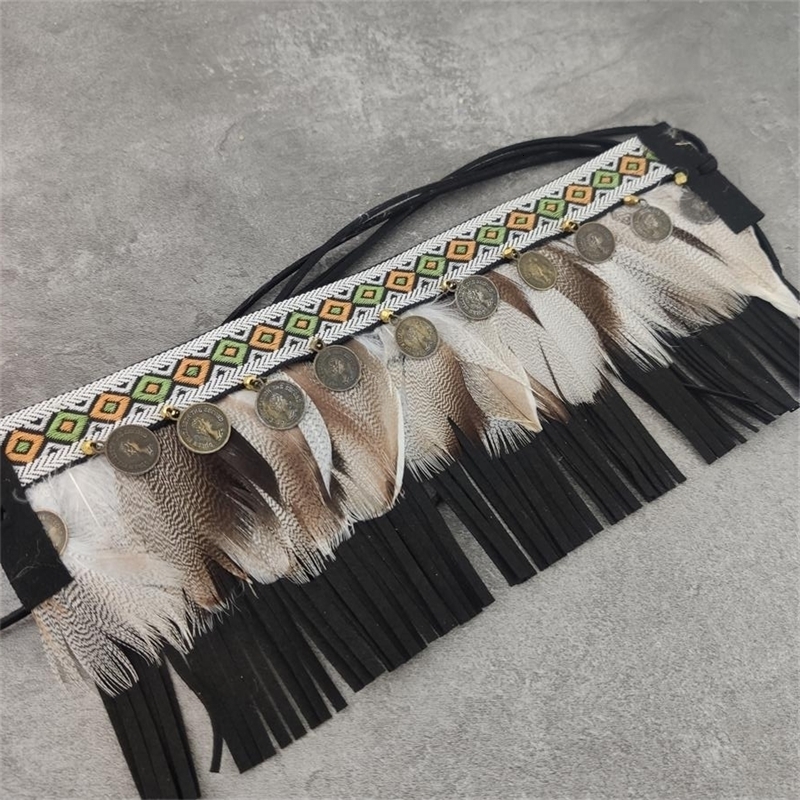 Bohemian womens handmade feather shoes chain ankle tie straps shoelaces leather straps tassel boot straps 250110