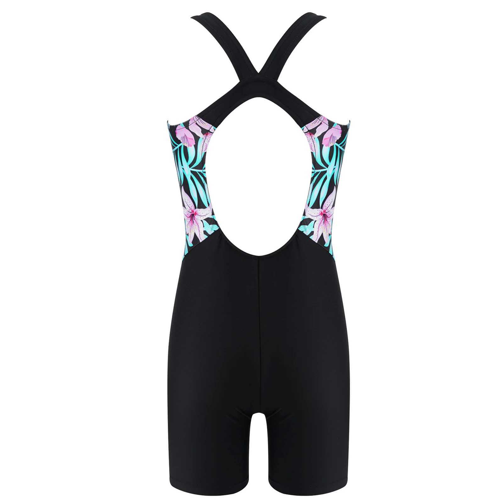 Kids Girls One-piece Swimwear Swimsuit Round Neck Open Back Print Short Jumpsuit Bodysuit for Beach Pool Swimming Bathing Suit Z250214