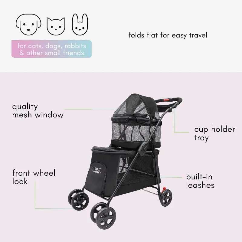 Others Dog Carrier Double Decker Pet Stroller Black Dual Bassinets for Multiple Pets Removable Pee Pads Adjustable Leashes Mesh Windows H250213