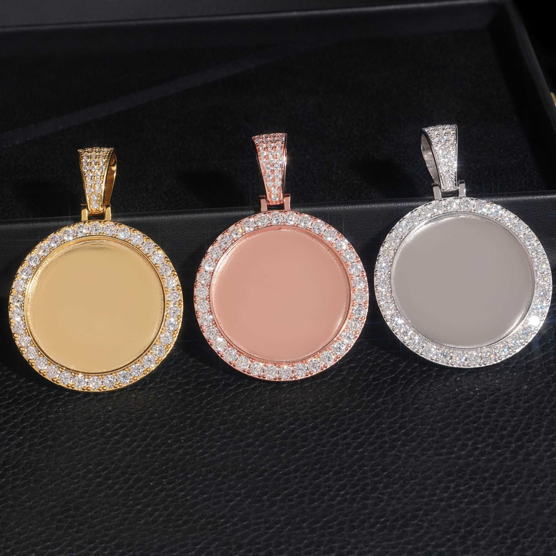 ZUANFA Hip Hop Circular Photo Frame Pendant 925 Silver Inlaid Mosang Unisex Tennis Chain