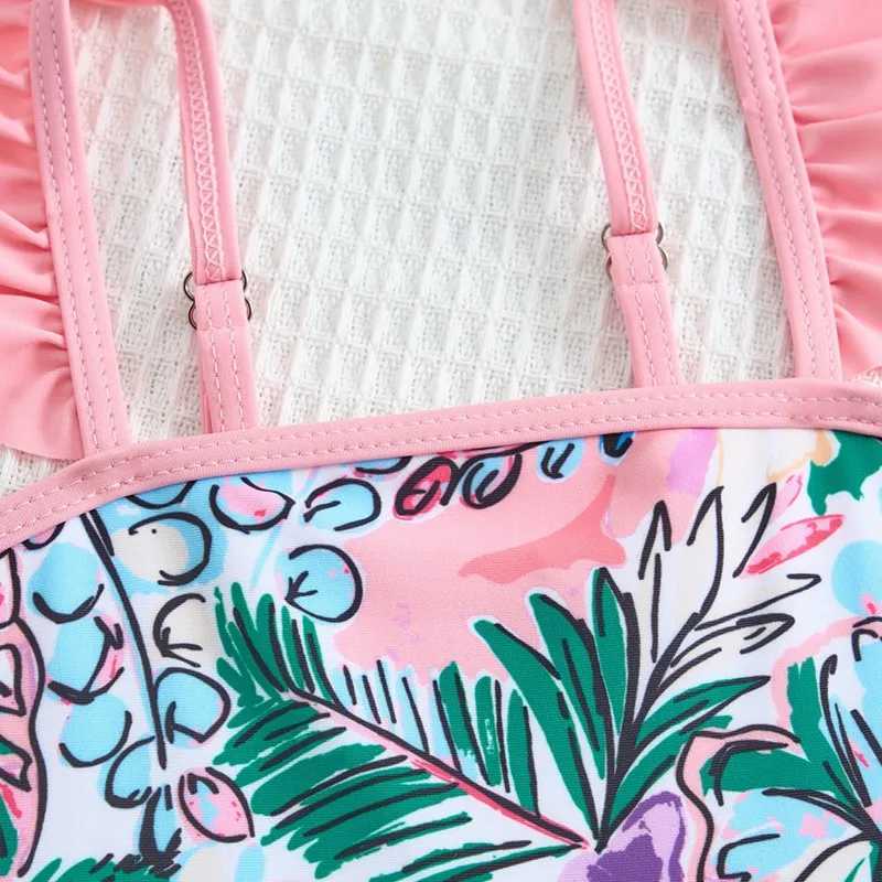 3-7 Years Kids Girls Sleeveless Swimsuit Summer Beach Bathing Suit Cute Flower Print Strap Children Swimwear Z250214