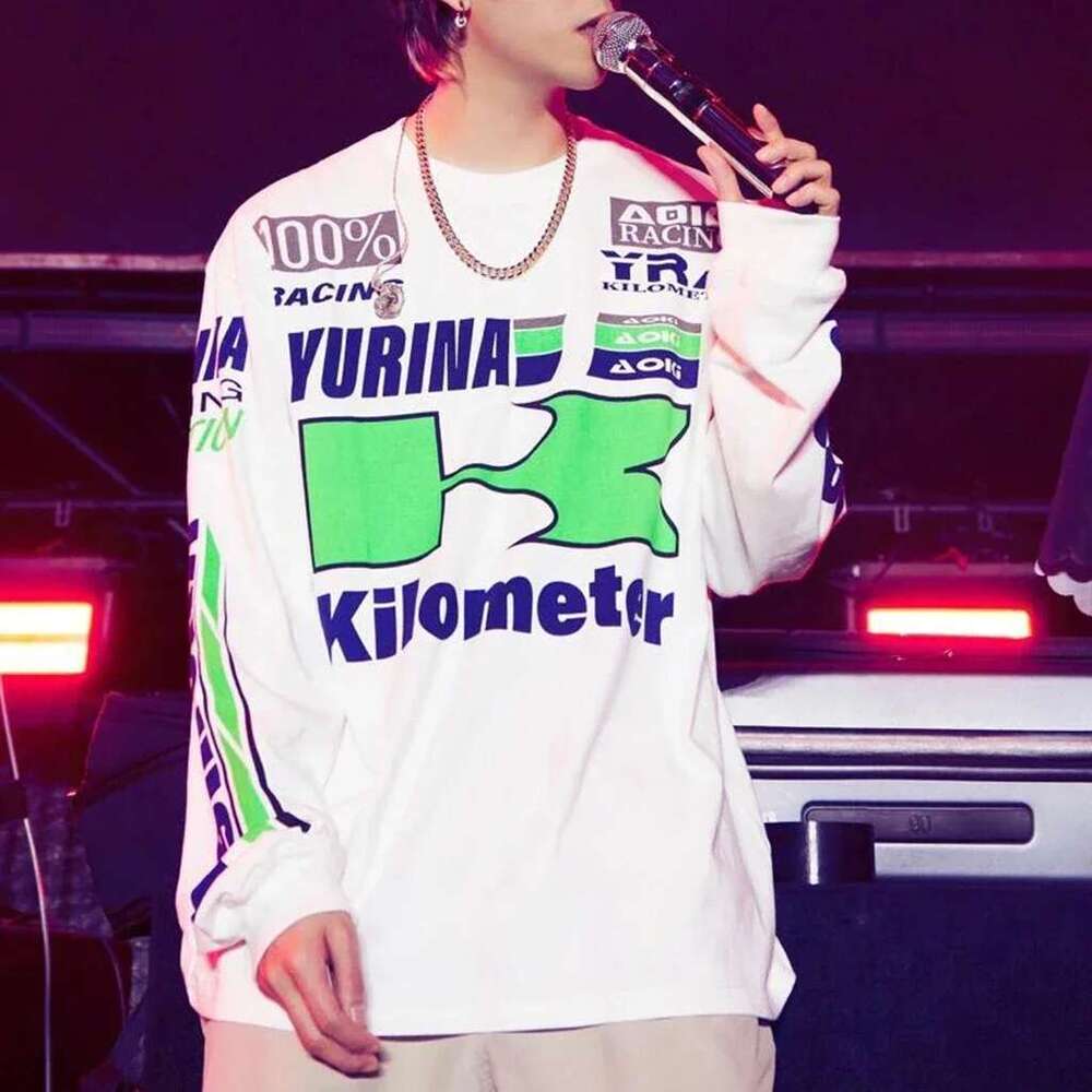 Dopamine Candy Colored Racing Printed Long Sleeve T-Shirt For Men And Women Round Neck Baggy Casual Autumn Top Tees Oversized