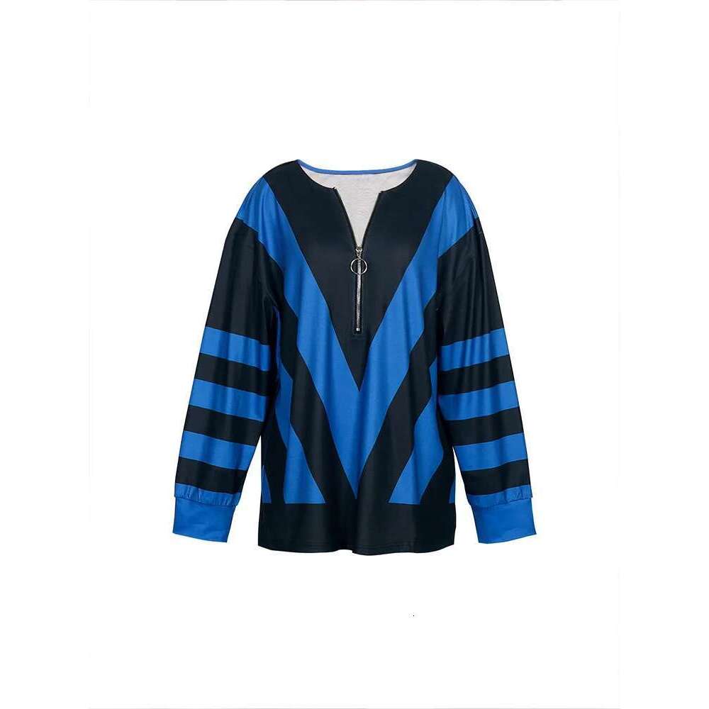 Plus Size 2024 Fall And Winter New Geometric Pattern Zipper V Neck Long-Sleeved Women's Loose Casual T-Shirt