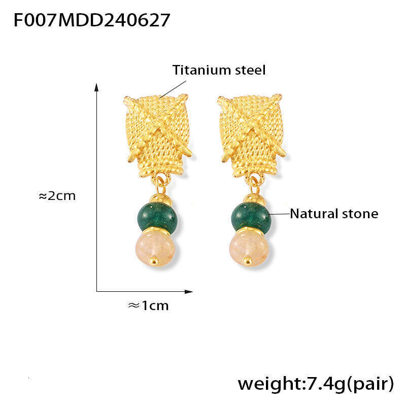 Bohemian polka dot texture titanium steel gold-plated ethnic style natural stone tassel earrings