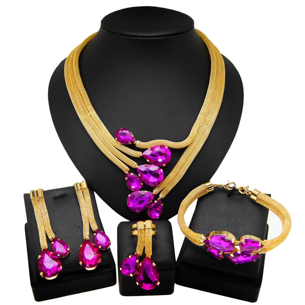 Bridal Jewelry Set Gold Plated Necklace Exquisite Brazilian Earrings Wedding Fashion Trend Purple Gemstone Pendant 250213