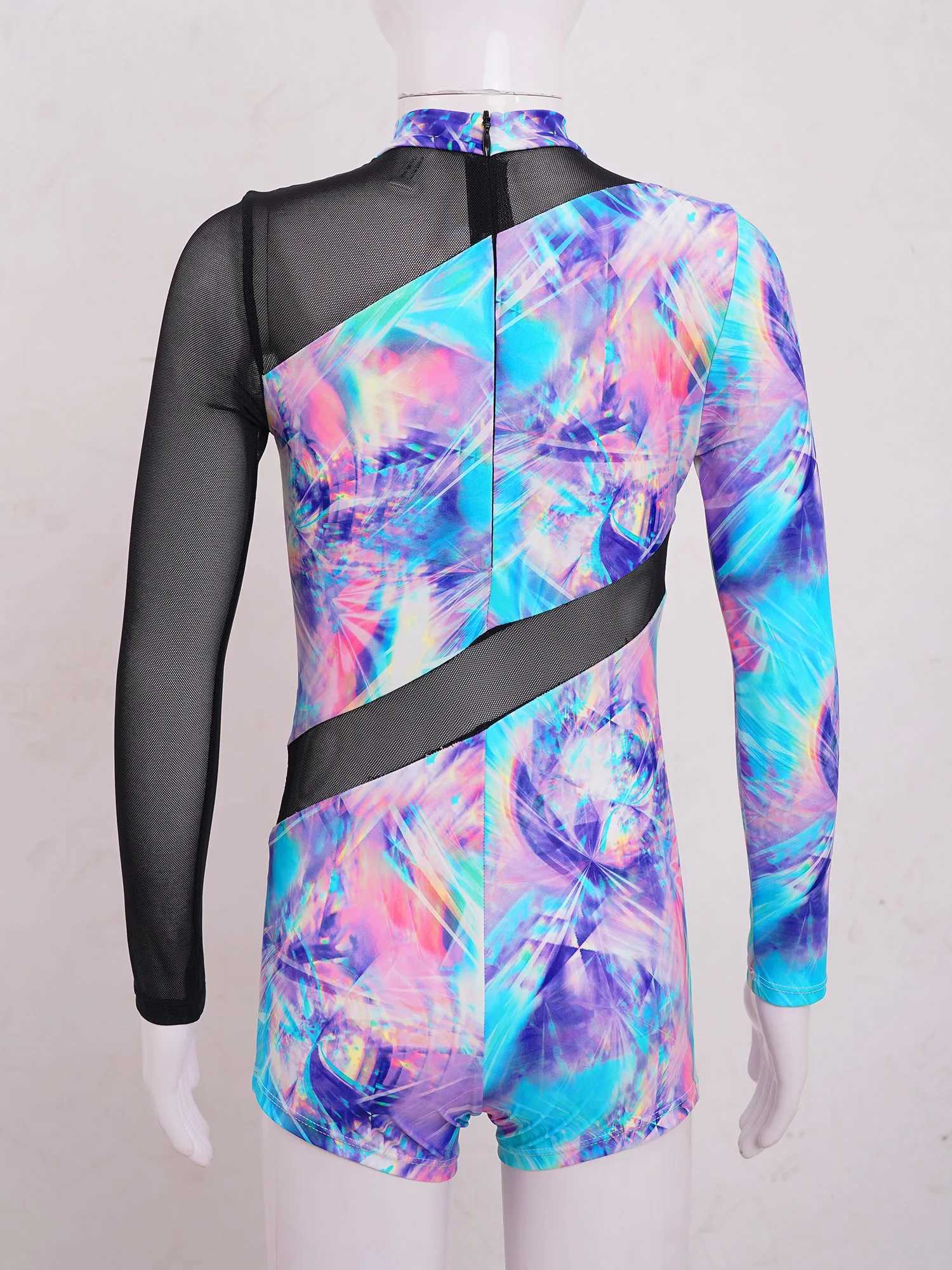 Kids Girls Long Sleeve One-piece Swimsuit Mock Neck Zipper Sheer Mesh Patchwork Dance Gymnastics Bodysuit Swimwear Beachwear Z250214