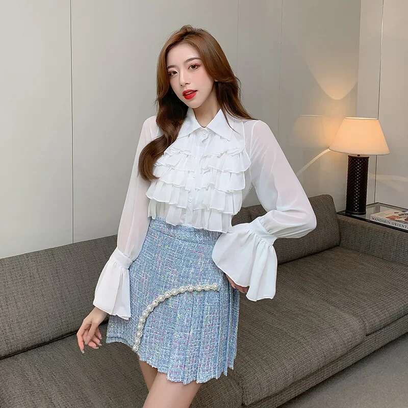 New Style Jacket Socialite Suit Coarse Tweed Plus Size Outwear High Waist Skirt Shirt Three Piece Set For Mid...