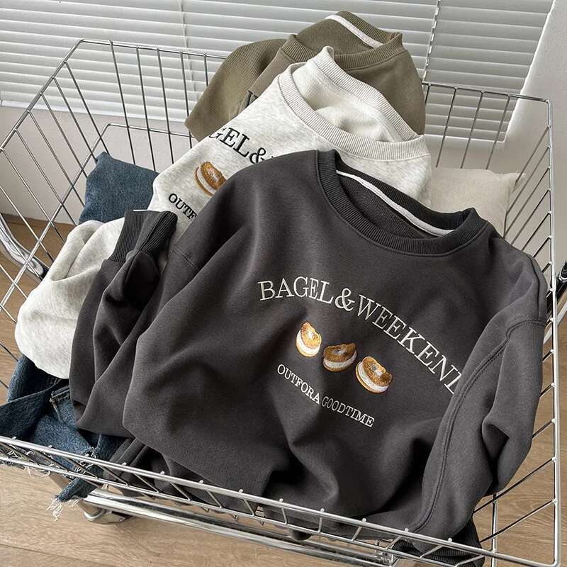 Pattern Embroidered Round Neck Sweatshirt Women, Autumn Cotton Loose Letter Long Sleeved Top