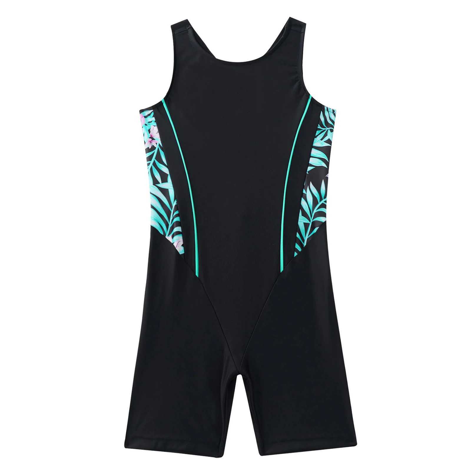 Kids Girls One-piece Swimwear Swimsuit Round Neck Open Back Print Short Jumpsuit Bodysuit for Beach Pool Swimming Bathing Suit Z250214