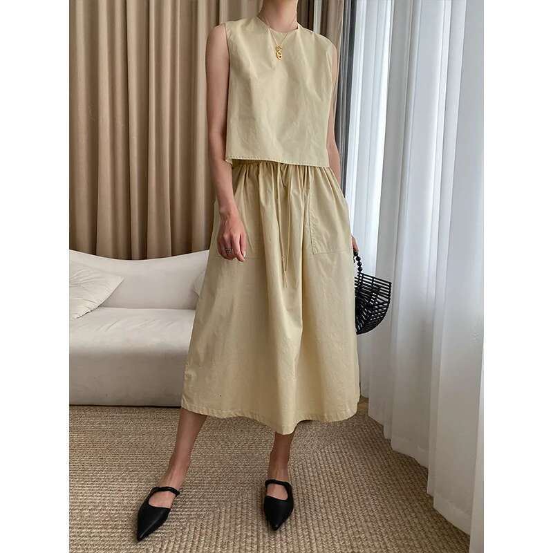 Women's Summer 2 Piece Outfit Vest Tops And Midi Skirt Set 2025 Vacation Cotton Dress