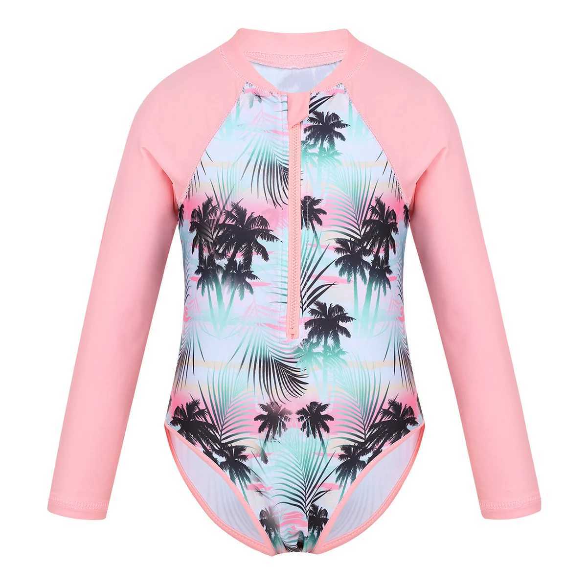 Kids Girls One-piece Swim Suits Brazilian Beachwear Long Sleeves Palm Printed Zippered Swimsuit Swimwear Bathing Suit Rash Guard Z250214
