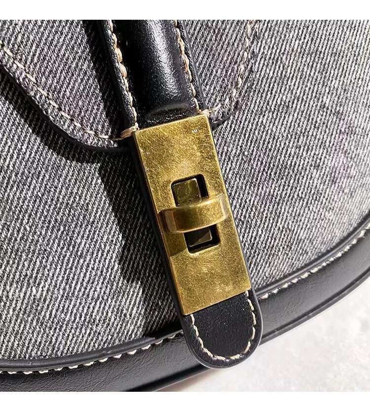 Autumn Winter Denim Textured Leather Half Moon Women's Handbag Fashion Shoulder Messenger Lady Purse Female Casual Bag