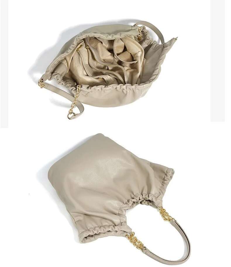 Slouchy Style Big Capacity Leather Handbag Purse Tote For Women Solid Color Fashion Shoulder Trendy Soft Cowhide Pleated Bag