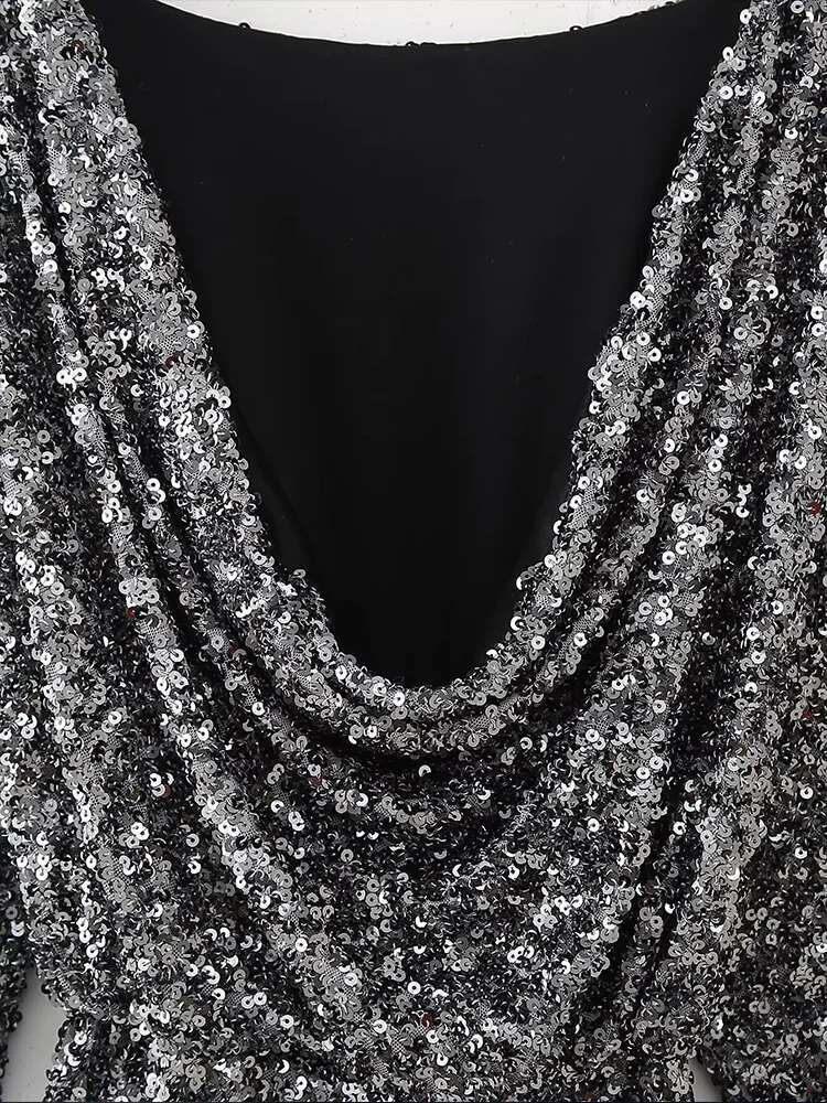 2025 Autumn Winter New Arrivals Women's Collection Sequined Backless Long Sleeve Short Dress