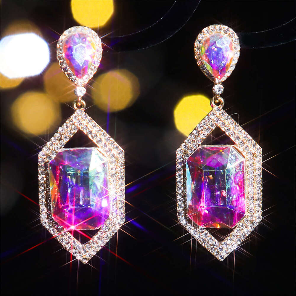 Temperament colored glass rhie earrings with exaggerated female personality, fashionable earrings, temu