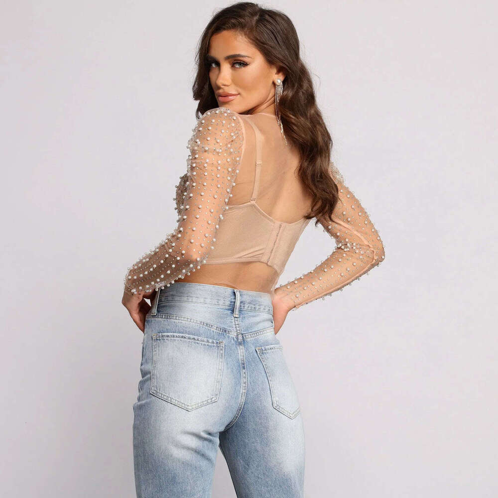 Summer Hot Pot Dia Bead Bubble Sleeve Mesh Top 2025 New Casual Fashion Trendy Clothing