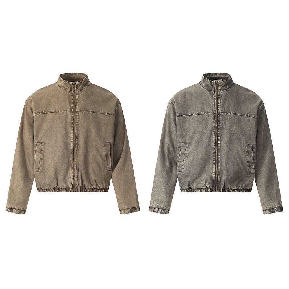 Washed Cleanfit Windbreaker Stand Jeans Jacket For Men Solid Vintage Casual Outwear Denim Coat Oversized Clothing