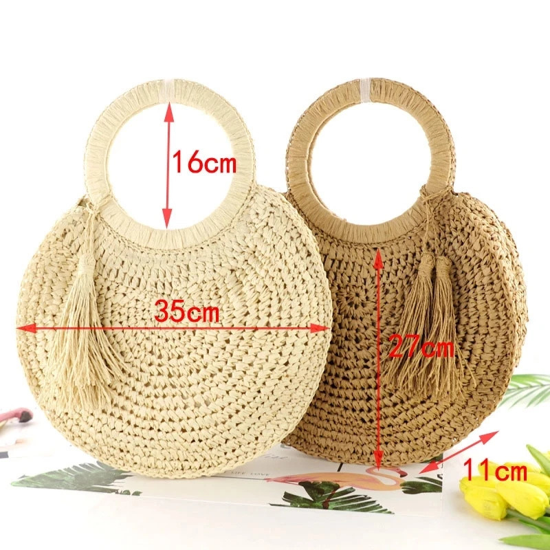 Straw Bag Rattan Woven Round Tassel Handbag For Women Large Capacity Shoulder Tote Purse Ladies Holiday Wood Handle Shopping Bag 250207