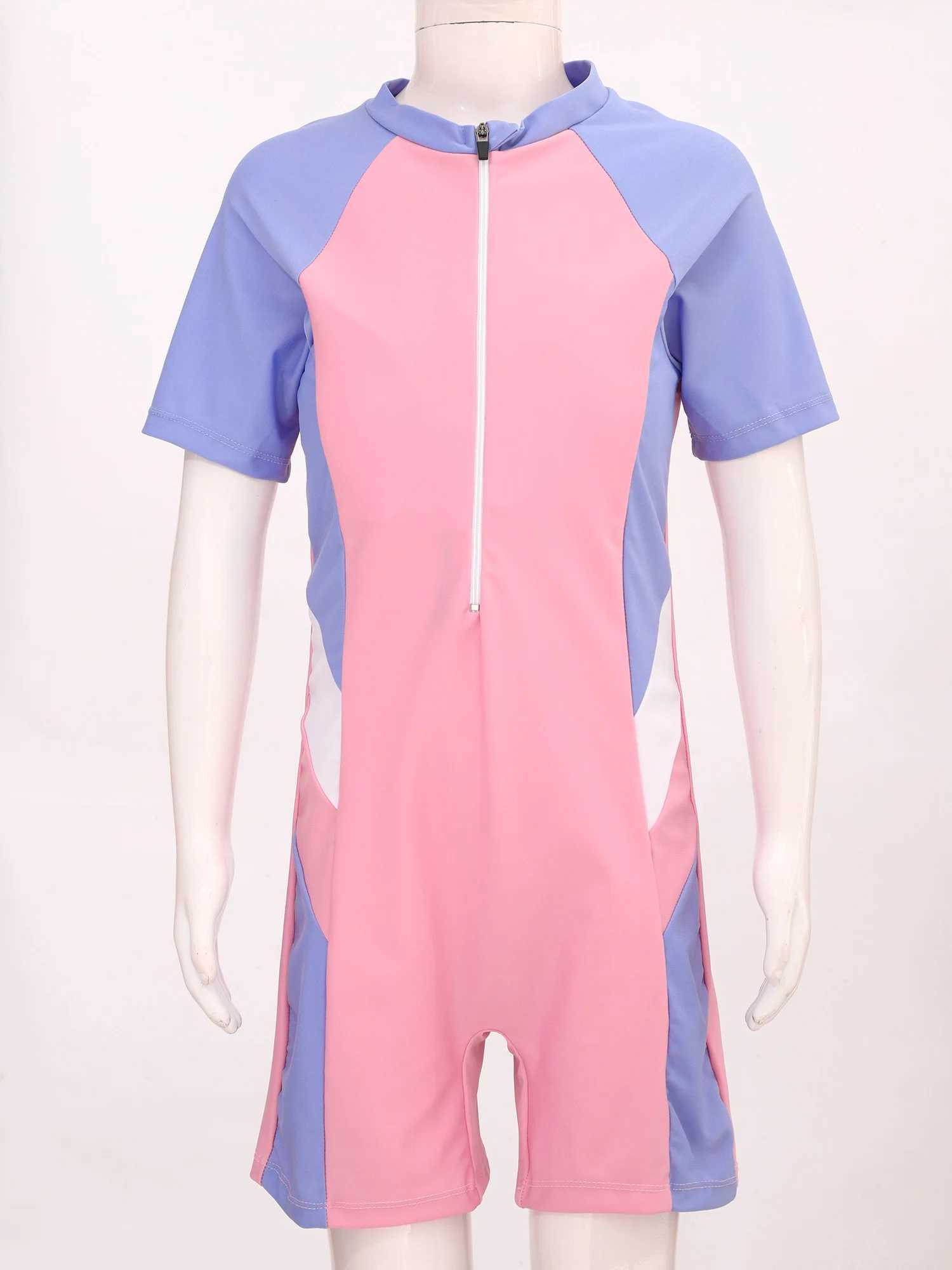 Kids One-piece Swimsuit Short Sleeve Zipper Jumpsuit Surfing Bathing Suit Girls Sport Swimwear Pool Beach Rash Guard Z250214