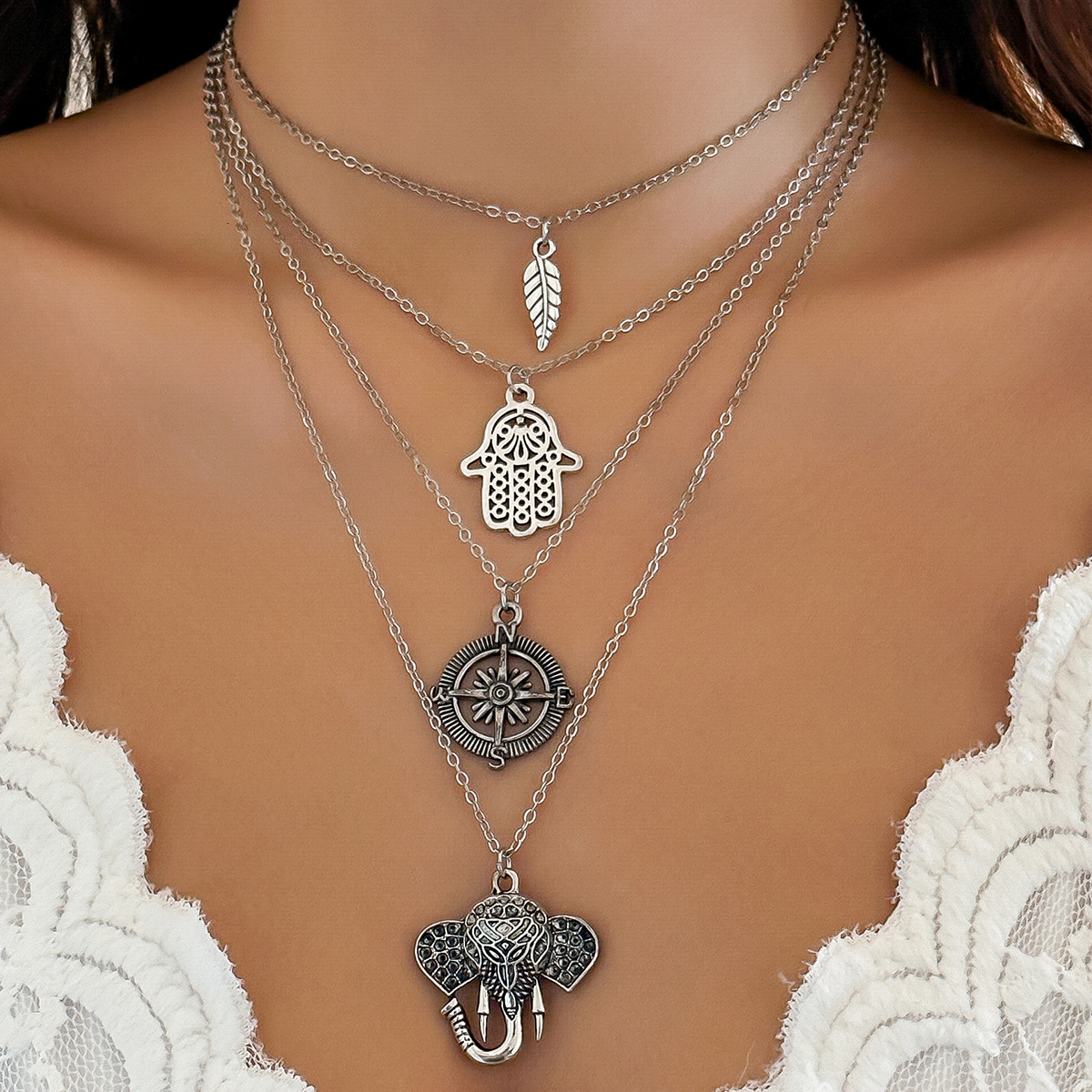 designer Woman Sun Pendant Set Bohemian Leaves Multi layered Ethnic Elephant Necklace