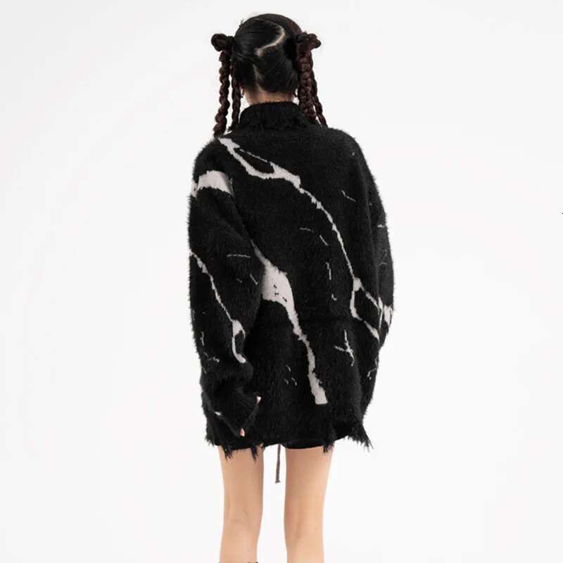 Front Lace Up Tie Dye Frayed Neck Sweaters Men's High Street Retro Casual Oversized Unisex Woolen Clothes Knitted Sweater