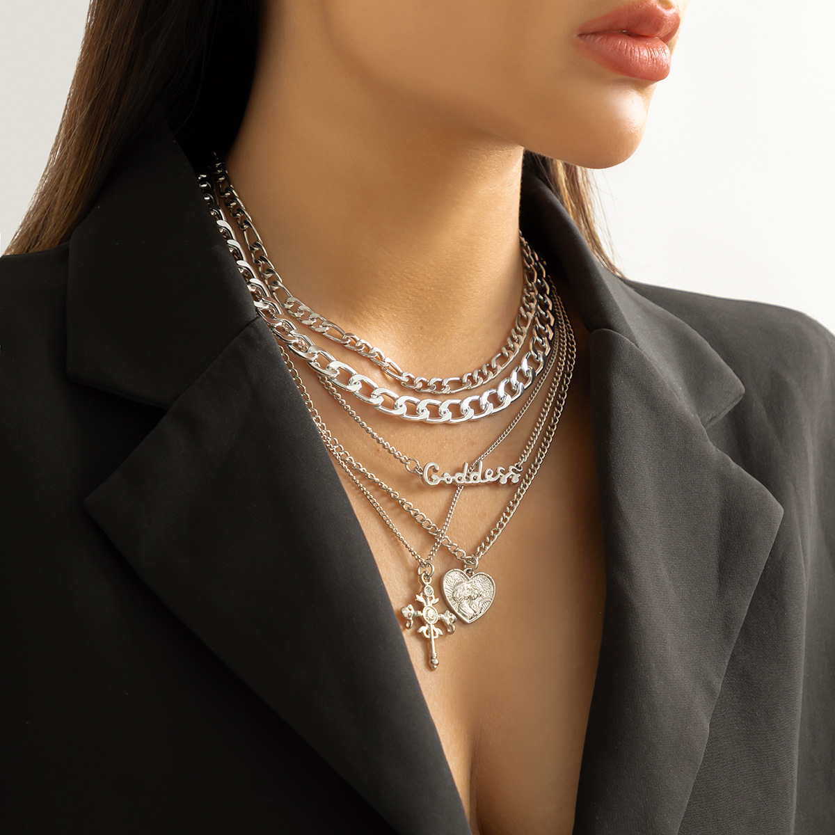 Woman Jewelry multi-layer portrait cross pendant fashion with hip-hop style letter chain necklace for women