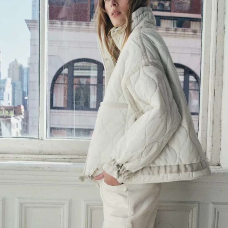 European and American winter new style stand collar loose drawstring zipper cotton jacket for women