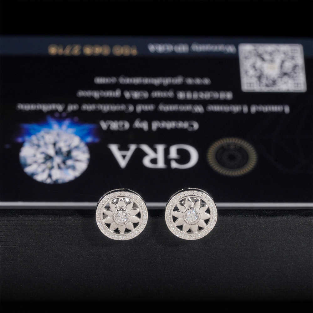 Hip hop new 925 silver ear studs vv vs moissani unique round flower earrings for men and women