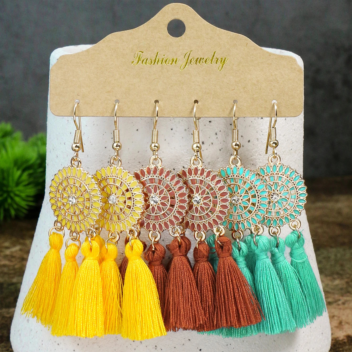 Bohemian vacation style womens earring set with colorful tassel rhinestone inlaid circular earrings style jewelry gift 250110
