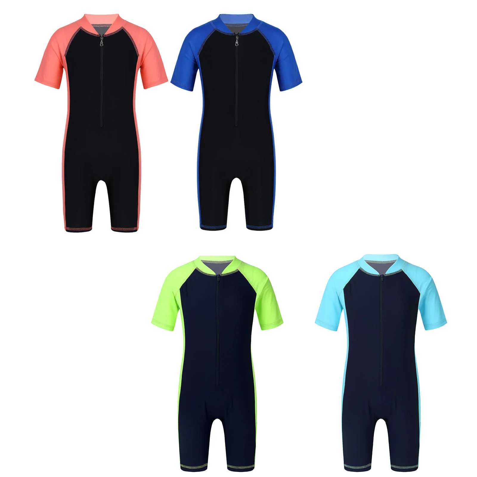 Kids Boys Girls One-piece Suits Rash Guards for Surfing Short Sleeves Zippered Shor Wetsuits Swimsuit Swimwear Bathing Suits Z250214