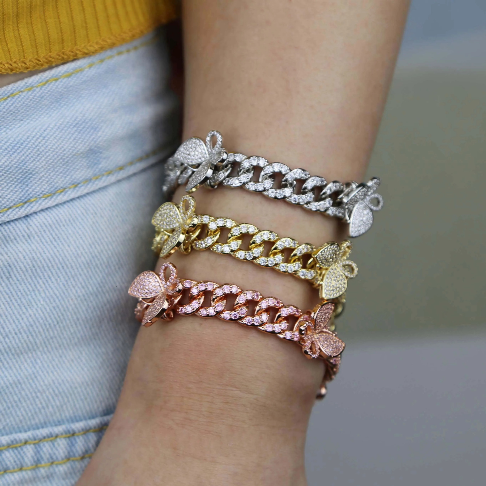 Parking CZ Rectangle Butterfly Anklet 10mm Iced Out Bling Miami Cuban Link Gold Silver Color Anklets Women Hiphop Jewelry 250211