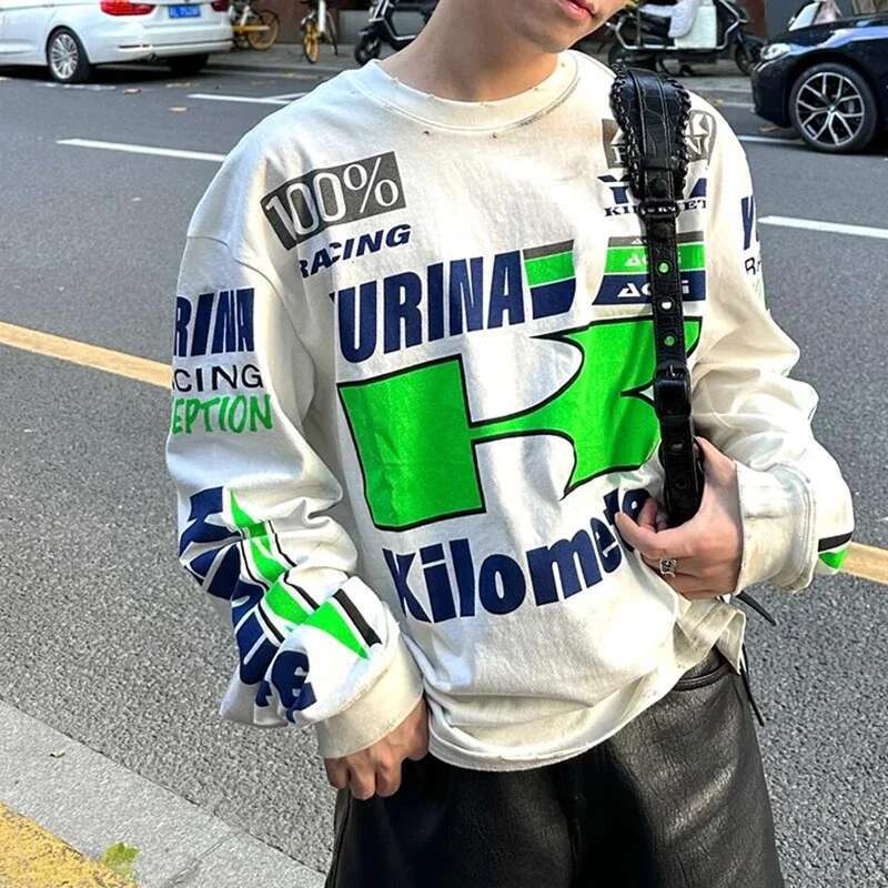 Dopamine Candy Colored Racing Printed Long Sleeve T-Shirt For Men And Women Round Neck Baggy Casual Autumn Top Tees Oversized